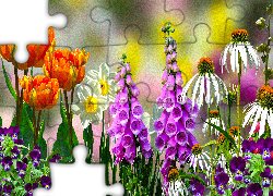 Kwiaty, Tulipany, Narcyzy, Jeżówki, Grafika