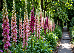 Naparstnica, Różowe, Kwiaty, Ścieżka, Drzewa, Naparstnica purpurowa