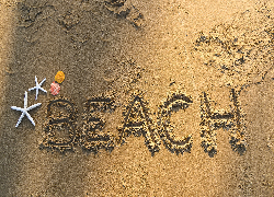 Plaża, Rozgwiazdy, Muszelki, Napis, Beach