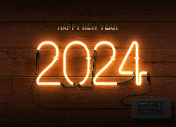 Sylwester, Neon, Napis, Happy New Year, 2024, Ściana, Deski