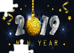 Nowy Rok 2019, Napis, New Year, Bombka, Gwiazdki