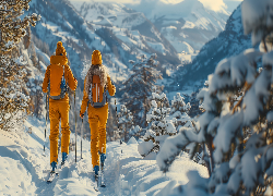 Zima, Narciarze, Drzewa, Góry, Grafika AI