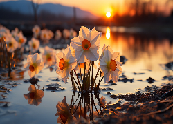 Zachód słońca, Rzeka, Kwiaty, Narcyzy, Odbicie, Al