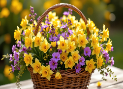 Kwiaty, Fioletowe, Żółte, Narcyzy żonkile, Bukiet, Wiklinowy, Koszyk