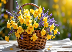 Wiklinowy, Koszyk, Kwiaty, Narcyzy żonkile, Lawenda