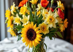 Kwiaty, Słonecznik ozdobny, Narcyzy żonkile, Maki, Bukiet, Wazon, Stół