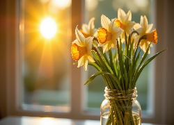 Bukiet, Narcyzy żonkile, Słoik, Okno, Słońce