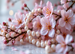 Różowe, Kwiaty, Gałązki, Perły, Korale