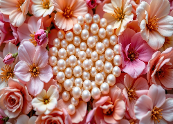 Różowe, Kwiaty, Korale, Perły