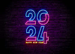 Nowy Rok, 2024, Neonowy, Mur, Cegły, Życzenia