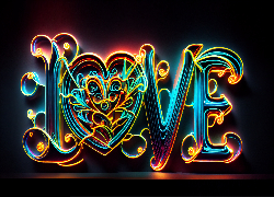 Miłość, Neon, Napis, Love, Czarne, Tło, 2D