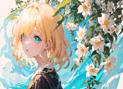 Dziewczyna, Blondynka, Kwiaty, Anime