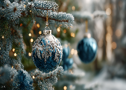 Niebieska, Bombka, Gałązki, Świerka, Boże Narodzenie, Grafika AI