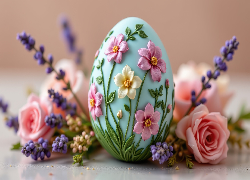 Wielkanoc, Niebieskie, Jajko, Pisanka, Różowe, Żółte, Kwiaty, Różowe, Róże, Lawenda