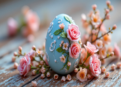 Wielkanoc, Niebieska, Pisanka, Różowe, Róże, Gałązki, Kwiaty