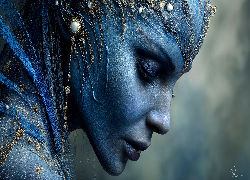 Kobieta, Niebieska, Twarz, Biżuteria, Profil, Grafika AI