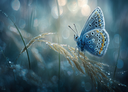 Motyl, Niebieski, Modraszek, Źdźbło, Trawa, Krople, Rosa, Grafika AI
