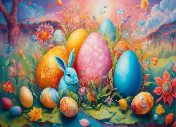 Malarstwo, Wielkanoc, Kolorowe, Jajka, Kwiaty
