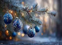 Boże Narodzenie, Niebieskie, Bombki, Sosna, Grafika AI