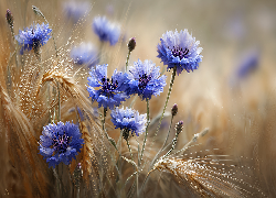 Chabry, Niebieskie, Kwiaty, Zboże, Kłosy, Grafika AI