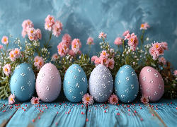 Wielkanoc, Różowe, Niebieskie, Pisanki, Kwiaty, Deski, AI