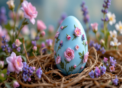 Wielkanoc, Niebieskie, Jajko, Pisanka, Różowe, Róże