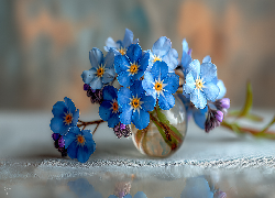 Niezapominajki, Niebieskie, Kwiaty, Wazonik, Grafika AI