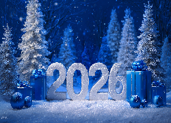 Napis, Nowy Rok, 2026, Prezenty, Choinki, Bombki, Zima, Grafika Ai