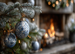 Boże Narodzenie, Niebiesko-srebrne, Bombki, Choinka, Grafika AI