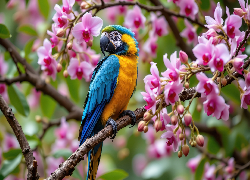 Kwiaty, Gałązki, Storczyki, Papuga, Niebiesko-żółta, Ara