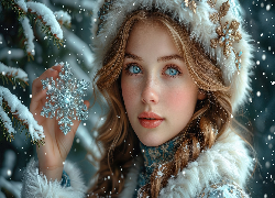 Dziewczyna, Futrzana, Czapka, Niebieskie, Oczy, Gwiazdka, Śnieg
