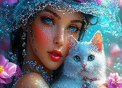 Kobieta, Biały, Kot, Niebieskie, Oczy, Grafika AI