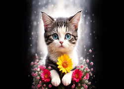 Kolorowe, Kwiaty, Kot