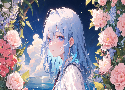 Dziewczyna, Morze, Kwiaty, Anime