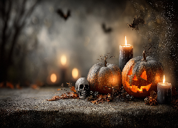 Czaszka, Dynie, Świece, Pajęczyna, Halloween, Grafika AI