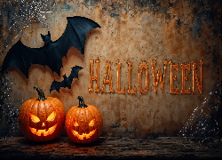 Dynie, Nietoperze, Ściana, Halloween, Grafika AI