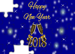 Nowy Rok, 2018, Kieliszki, Szampan, Napis, Happy New Year