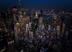 Stany Zjednoczone, Nowy Jork, Manhattan, Wieżowce, Noc, Z lotu ptaka
