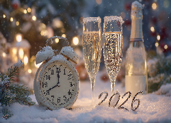 Zegar, Kieliszki, Szampan, 2026, Nowy Rok, Zima, Grafika AI