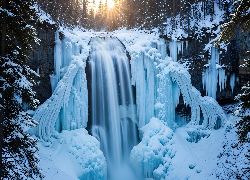 Skały, Oblodzony, Wodospad, Sople, Drzewa, Zima
