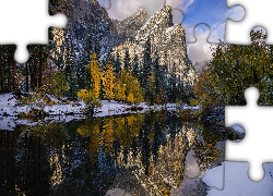 Góry, Rzeka, Śnieg, Drzewa, Odbicie, Park Narodowy Yosemite, Kalifornia, Stany Zjednoczone