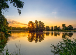 Zachód słońca, Drzewa, Odbicie, Jezioro