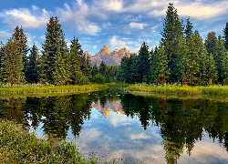 Park Narodowy Grand Teton, Wyoming, Stany Zjednoczone, Góry, Rzeka, Drzewa, Odbie