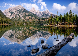 Park Narodowy Grand Teton, Wyoming, Stany Zjednoczone, Góry, Jezioro, Taggart Lake, Las, Drzewa, Chmury Odbicie