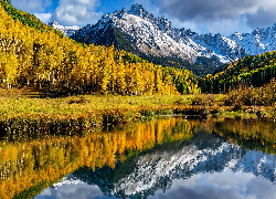 Góry, San Juan Mountains, Góra, Mount Sneffels, Jezioro, Blue Lake, Las, Drzewa, Jesień, Stan Kolorado, Stany Zjednoczone