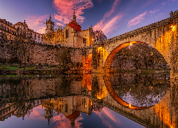 Rzeka Tamega, Most, Ponte Sao Goncalo, Klasztor, Kościół, Odbicie, Amarante, Portugalia