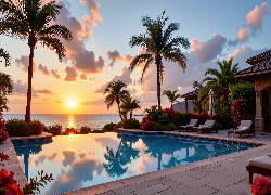 Basen, Palmy, Morze, Zachód słońca, Grafika AI