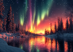 Jezioro, Drzewa, Zorza polarna, Grafika AI