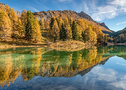 Jezioro, Odbicie, Drzewa, Góry, Jesień