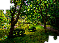 Park, Ogród, Nitobe Memorial Garden, Drzewa, Krzewy, Trawa, Ścieżka, Staw, Kamienie, Mostek, West Point Grey, Vancouver, Kanada